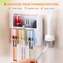 Toothbrush Holder Wall Mounted with Automatic Toothpaste Dispenser, Dustproof Flip Cover and Inverted Cup Slots, Multi-Functional No-Drill Bathroom Organizer for Family, Space Saver (3 Cups)