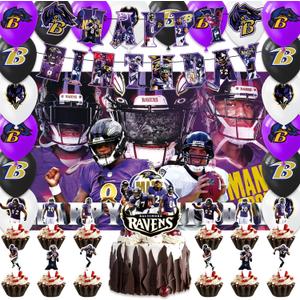 42pcs Baltimore Party Decoration Pack Includes，Banner，Cake Topper，Blackdrop,Balloons for Ravens party decoration