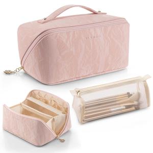 Vlando Makeup Bag,Travel Makeup Bag Waterproof Portable Cosmetic Bag PU Leather Open Flat Make up Organizer for Toiletries,Christmas Gifts Birthday Gifts for Women Girls Travelers(Sand Pink)