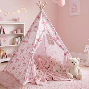 Silipull Teepee Tent for Kids Pink Bow Teepee Tent for Girls Coquette Fabric Playhouse Foldable Children Play Tents for Indoor Outdoor