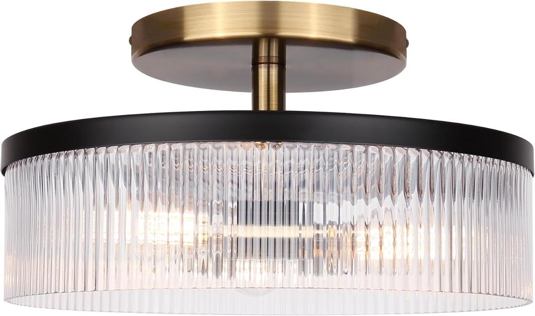 Canarm Jenner 3-Light Semi-Flush Mount Ceiling Light, 15-Inch Matte Black and Gold Finish with Ribbed Glass, Contemporary Lighting for Living Room, Bedroom or Dining Room