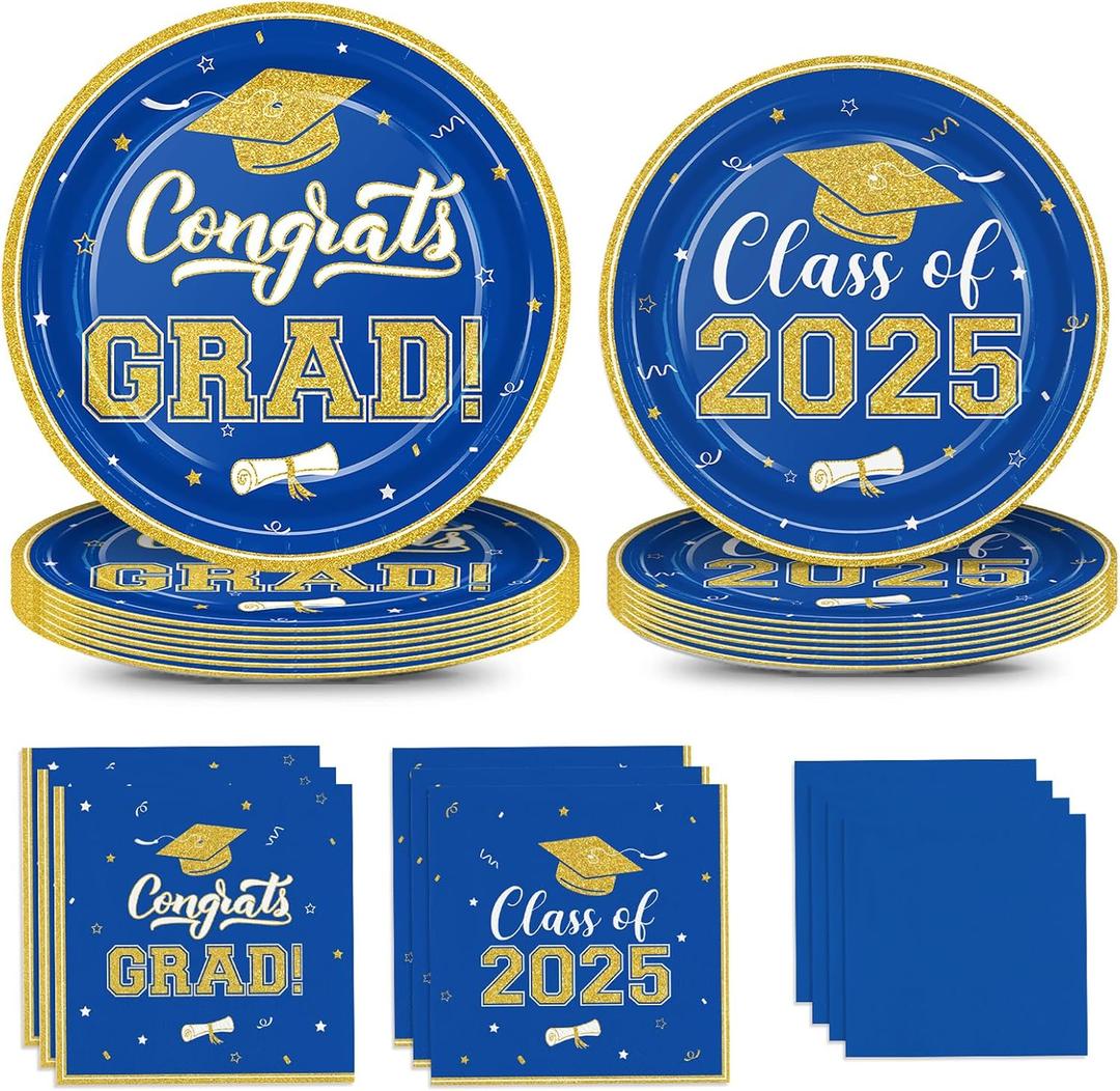 200Pcs Graduation Party Plates and Napkins Class of 2025 Blue Graduation Party Supplies Paper Plates Luncheon Napkins Cocktail for Congrats Grad Disposable Decorations Serve 50