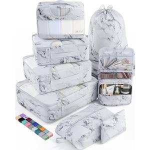 Veken 8 Set Packing Cubes for Travel Essentials, Suitcase Organizer Bags Set for Luggage, Road Trip Travel Accessories in 4 Sizes (Extra Large, Large, Medium, Small) (19-White Marble)