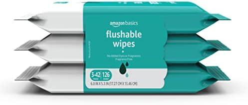 Amazon Basics Adult Wet Wipes Flushable formulated without Fragrance, 126 Count (3 Packs of 42) Pack Of 4