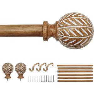 Wood Curtain Rod for Windows 48" to 84" Adjustable Heavy Duty Curtain Rod with Imitation Wood Grain Leaf Pattern Finials, Boho Single Curtain Rod for Living Room, Bedroom, Kitchen, Farmhouse