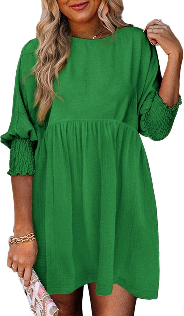 Dokotoo Womens Summer Dresses Casual Tunic Dress Short Sleeve Crew Neck Flowy Babydoll Dress (X-Large, Dark Green)