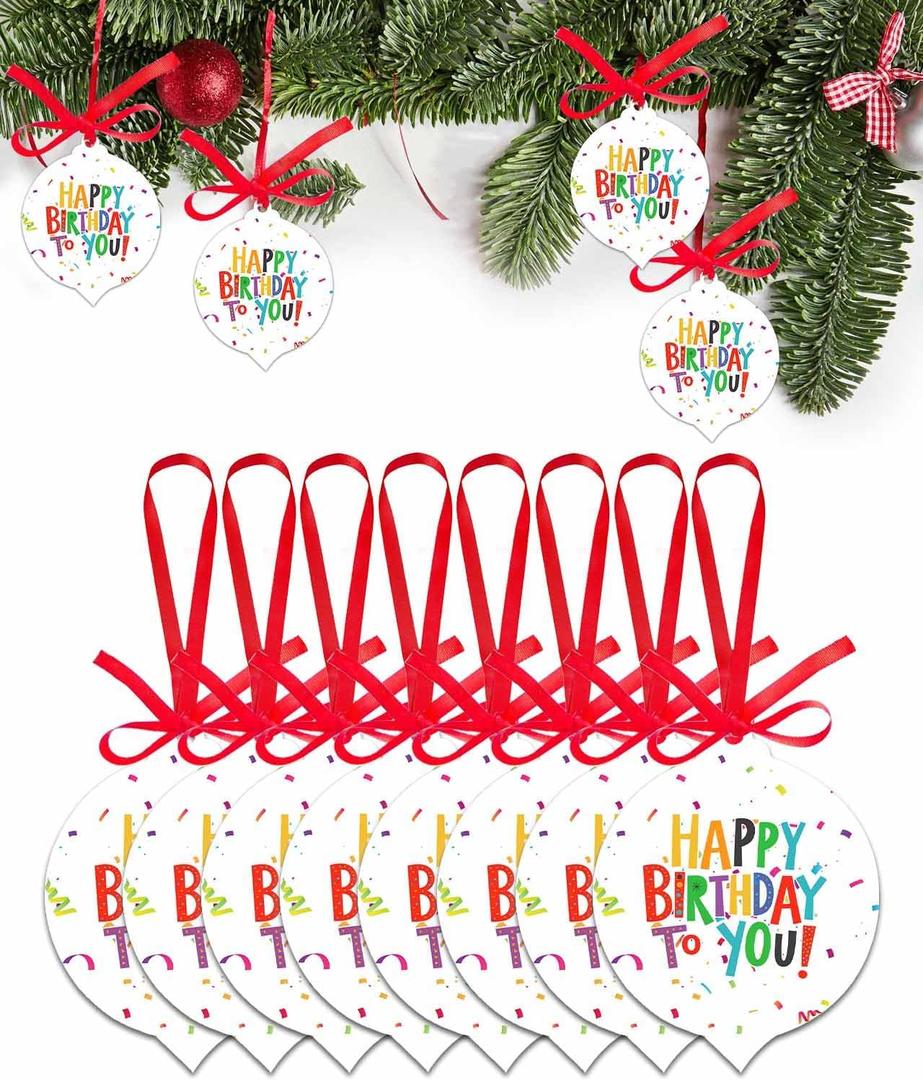 Christmas Ornaments Set of 8 for Christmas Tree Decorations, Happy Birthday to You Christmas Ornament 2023, Acrylic Xmas Hanging Ornaments fot Crafts Colored Ribbon Abstract Art Aesthetics 3.7"x3"