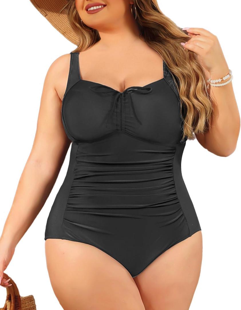 Daci Plus Size One Piece Swimsuit for Women Tummy Control Vintage Bathing Suits Ruched Swimwear (Medium, Black 2)