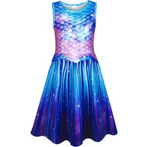 Funnycokid Girls Dress Summer Sleeveless Sundress Birthday Outfit Twirly Mermaid Party Kids 4-15 Years (Blue, M)
