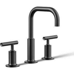 KOHLER K-14406-4-BL Purist Widespread Bathroom Sink Faucet, 3-Hole, Bathroom Faucets with Low Lever Handles and Low Gooseneck Spout, 1.2 GPM, Matte Black