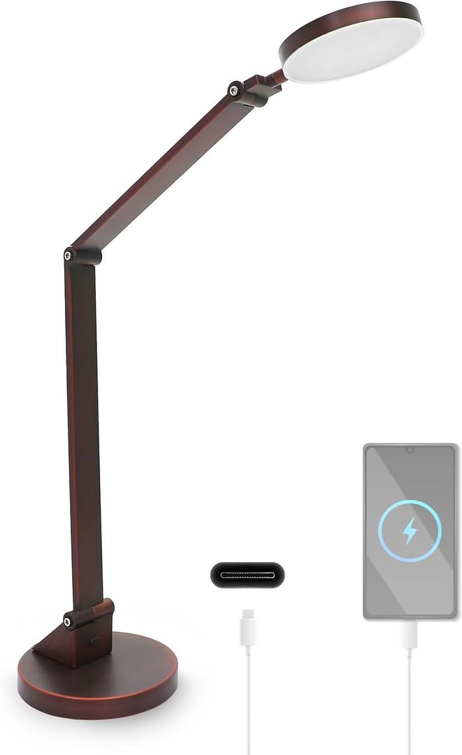 Neatfi (New Model) LED Table Lamp with Round Base, Touch Control, 9W, Dimmable, 3 Light Modes, 3000-6500K, Eye-Caring Task Light with USB Charging Port for Home and Office (Brown)
