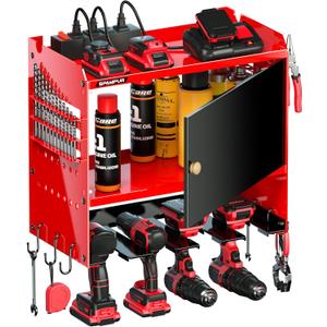 Power Tool Organizer Wall Mount with Charging Station,Garage Metal Cabinet 15 Min Quick Assembly & Max 150lb load with 6 Outlet Power Strip, 8 Slots Cordless Drill for Workshop/Shed/Tool Room (Red)