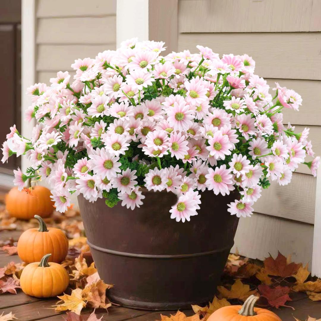Lcuasc 10pcs Outdoors Artificial Mum Flowers UV Resistant Daisy Fake Silk Chrysanthemum Greenery Faux Eucalyptus Plants for Spring Summer Garden Patio Window Box Planter Home Decor(Pink)