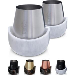Gusto Nostro White Marble Wine Chiller for Glass and Stainless Steel Tumbler Set of 2 - Freezable Wine Glass Chiller Holder - Cool Set of Chillers and Stemless Metal Wine Tumblers for HomeBar (Silver)