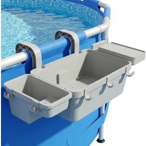 2026 Upgrade Poolside Storage Basket with Cup Holder Poolside Organizer for Pool Toys Towels Beverages Pool Accessories for Most Frame Above Ground Swimming Pools 5 Multifunctional Hooks Grey