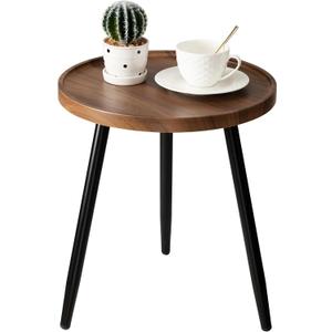 danpinera Round Side Table, Metal Legged Accent Table with Wooden Tray, Small Round End Table for Living Room, Bedroom, Nursery, Brown & Black, round, 14.96-inch diameter