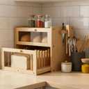 Double Layer Bread Box for Kitchen Countertop, Bamboo Breadbox with Slicer, Baguette Storage for Homemade Bread, Breadbox with Cutting Board/Window, Gifts for Home Bakers