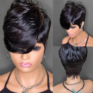 Short Human Hair Pixie Cut Wigs for Black Women with Bangs 8 inches Short Bob Wig Human Hair Side Part Pixie Cut No Lace Front Natural Black Full Machine Made Glueless Wig (1B# B)