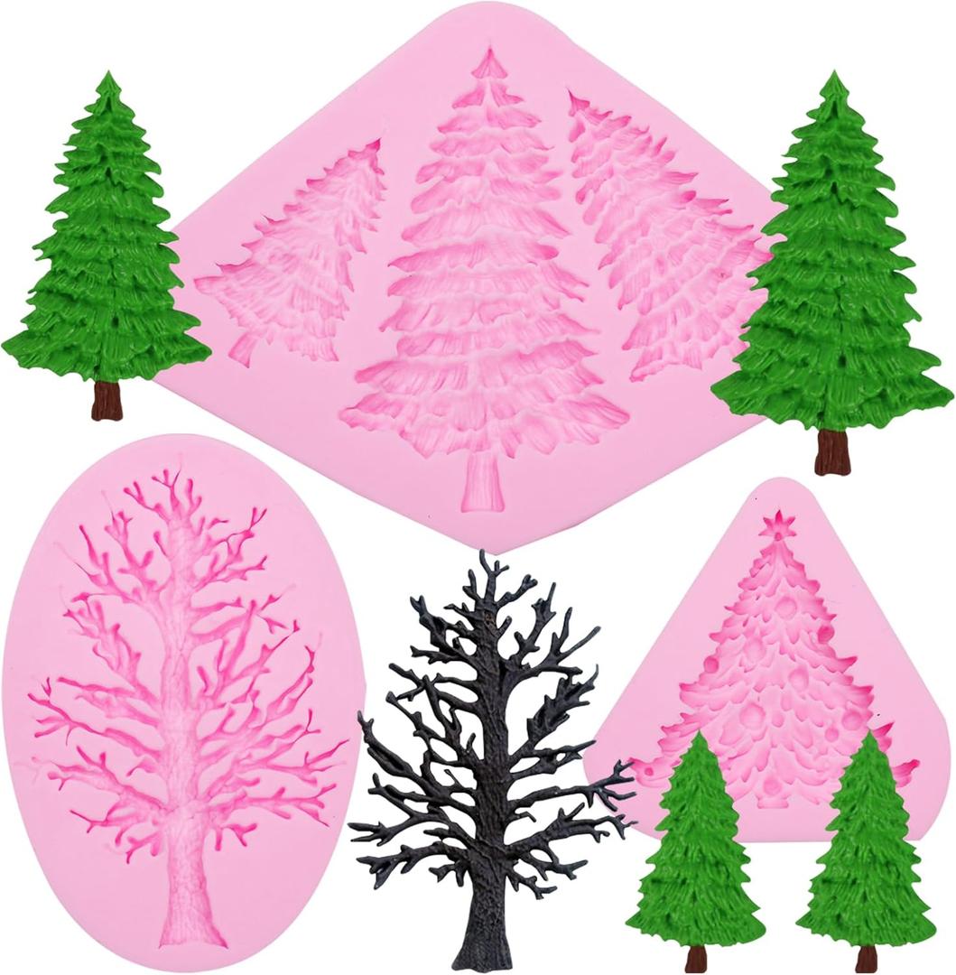 Christmas Tree Fondant Cake Silicone Mold 3 Pcs for Xmas Birthday Party Chocolate Cake Decoration Candy Cupcake Topper Cake Polymer Clay Crafts Epoxy Resin