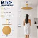 Gold Rain Shower Head, 16 Inch High Pressure Shower Head, 304 Stainless Steel Ceiling Mount Extra Large Waterfall Top Showerhead, Brushed Brass Gold