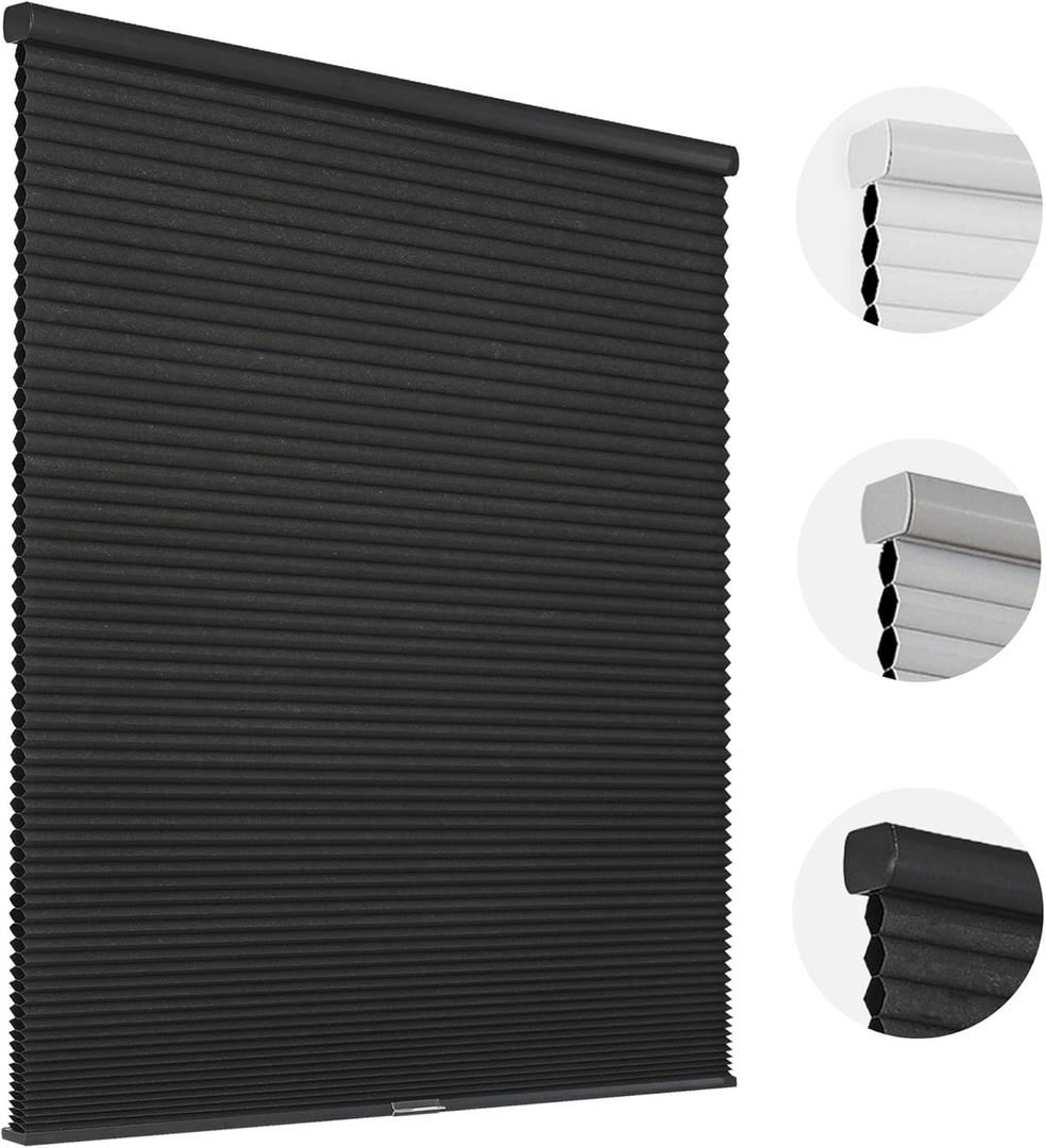 Joydeco Honeycomb Shades, Black Cordless Cellular Shades Blackout, Free-Stop Honeycomb Window Blinds for Bathroom, Bedroom, Living Room, Office, Kitchen (36" W x 64" H)