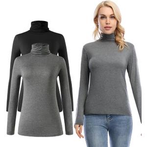Femdouce Womens Turtleneck Long Sleeve Shirt Lightweight Slim Pullover Basic Undershirts Active Turtle Neck T-Shirts 2 Pack (L)