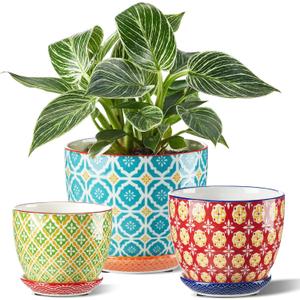 Metahom Ceramic Plant Pots, 3.8+4.9+5.8 Inch, Set of 3 Flower Pots with Drainage Hole & Saucer, Trio Planter Pots Set for House Plants, Home Decor, Vibrant Colors