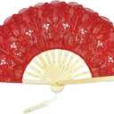 Happy Feather Lace Fan with Folding Handheld, Embroidered Flowers Pattern Hand Fans for Wedding Bridal Tea Dancing Party -Red