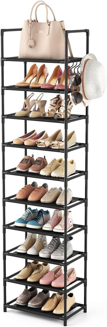 10 Tiers Tall Shoe Rack 20-25 Pairs Boots Organizer Storage Sturdy Narrow Shoe Shelf for Entryway, Closets with Hooks, Black (10 Tier-68" High-17" Wide)