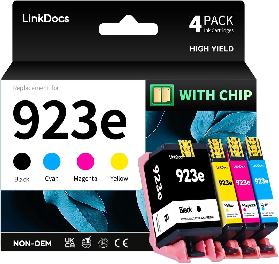 LinkDocs 923e Ink Cartridges Combo Pack (with Chip) Remanufactured Replacement for HP 923xl 923 e Work with OfficeJet Pro 8120 8123 8130 8133 Printer, (Black, Cyan, Magenta, Yellow, 4-Pack)