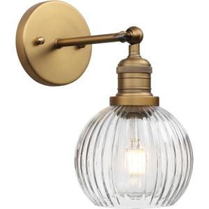 Vintage Wall Sconce 1-Light with Clear Striped Glass Globe Shade, Hardwired Modern Indoor Wall Vanity Light Fixture for Farmhouse Living Room Bedroom Bathroom