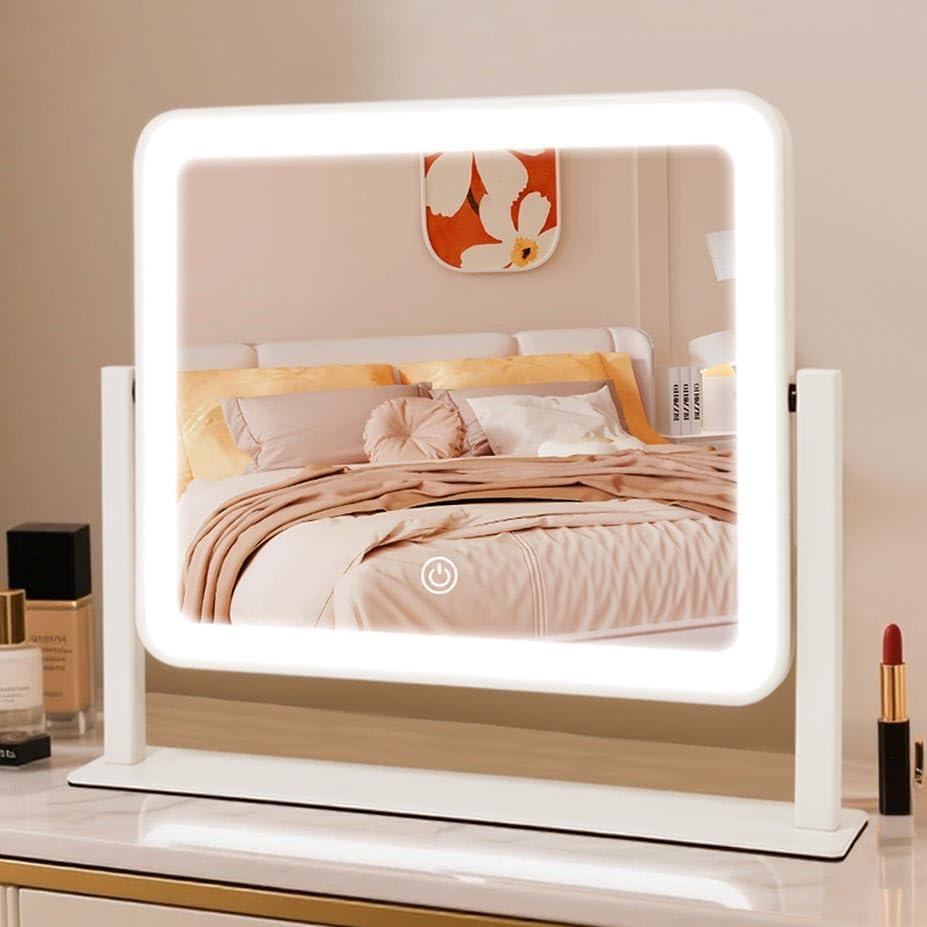 YEKKOPT Rechargeable Vanity Mirror with Lights, 14"12" LED Makeup Mirror, Smart Touch Control, 3 Color Lighting with Adjustable Brightness,Cosmetic Mirror for Bedroom, Vanity Desk, Beauty Routine