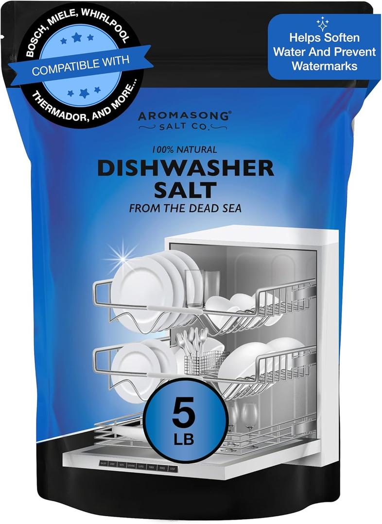 Aromasong Dishwasher Salt 5 LB - 100% Natural Water Softening Agent Compatible with Bosch, Miele, Whirlpool, Thermador and More... For Cleaner Dishes & Washer Reactivation (packaging may vary)