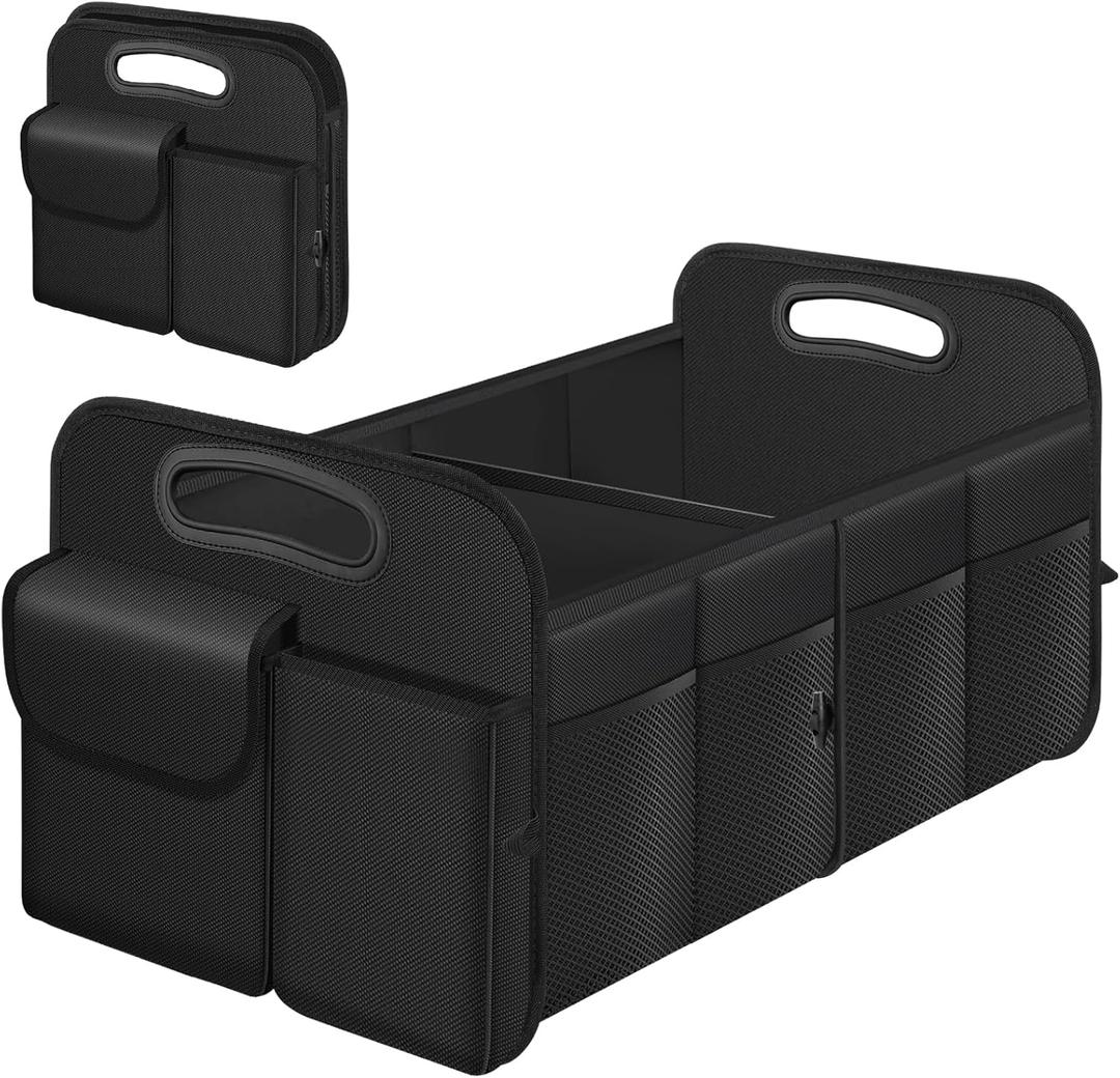 Trunk Organizer, Collapsible Waterproof car Trunk Organizer for SUVs & Sedans, Car Storage Organizers with Reinforced Handles, Car Accessories for Women and Men, 2 Compartments, 52L, Black