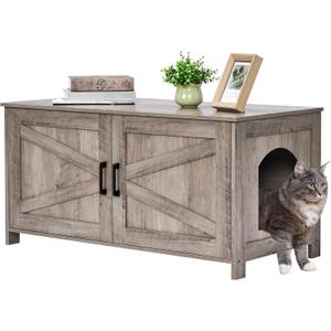 Homhedy 39.4" L Cat Litter Box Enclosure, Pet House with Barn Door, Wooden Cat Washroom Furniture, Fit Most of Litter Box, Greige