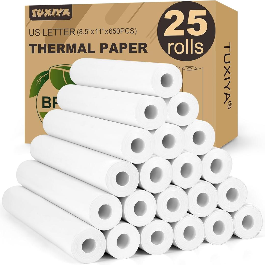 TUXIYA 25 Rolls Thermal Printer Paper 8.5"x11" US Letter Size, BPA free Quick-Dry Thermal Paper,Thermal Printing Paper Rolls Compatible Most Portable Printers(About 650 Sheets)