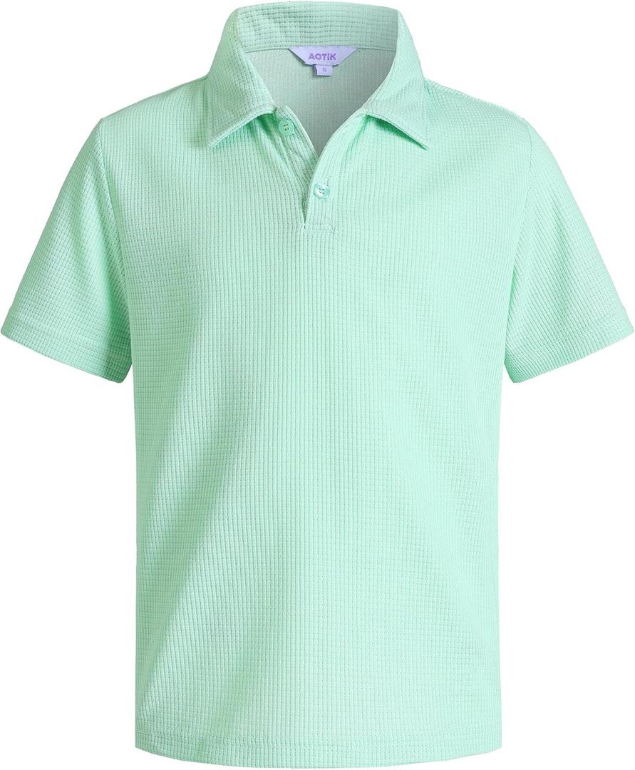 Boys Casual Polo Shirt Short Sleeve Waffle Solid Collared Shirts for Kids Aged 5-14 Years (7-8 Years, Light Green)