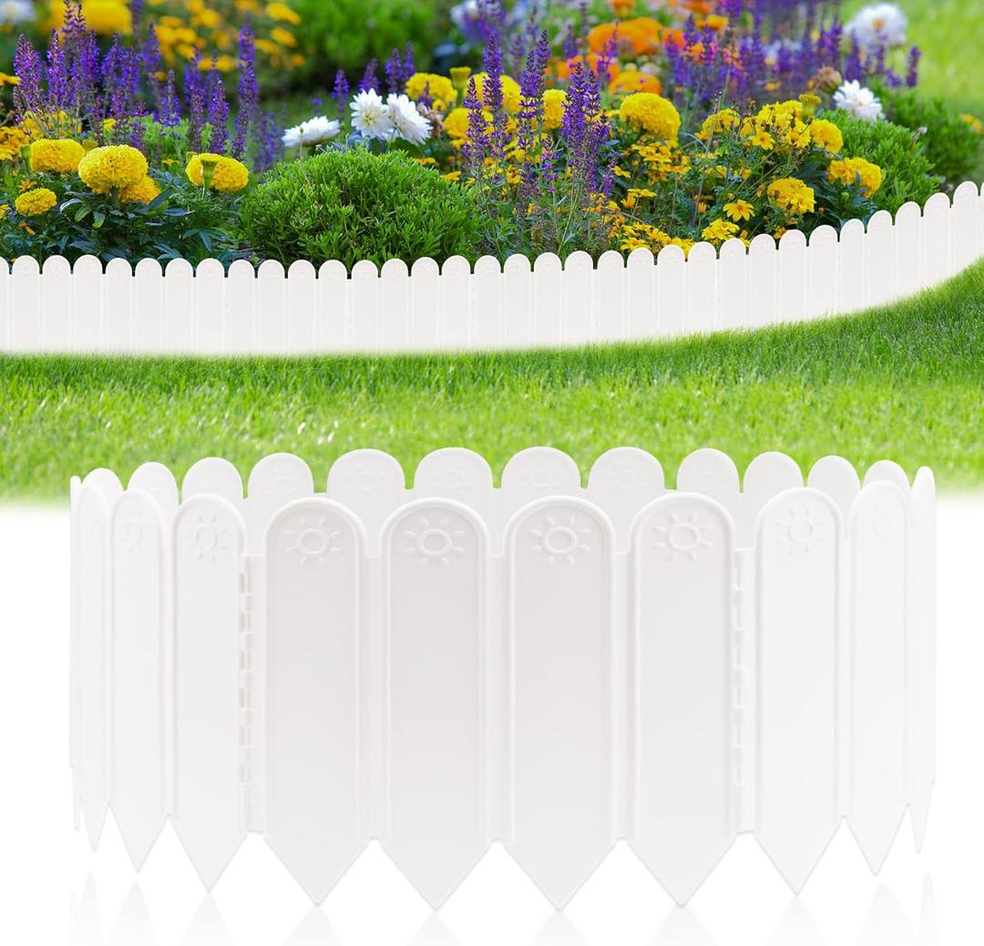 EEOCWF 10PCS White Garden Edging Borders, 8.66 in Tall Plastic Garden Landscape Edging, 7.2ft Interlocking Decorative Garden Fences Edging, Lawn Edge Flower Bed Border for DIY Patio Walkways Yard