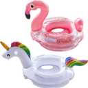 Inflatable Flamingo Unicorn Pool Floats for Kids, 2 Pack Swim Rings with Safety Seat and Handle, Pool Tubes for Floating, Fun Beach Floaties, Summer Party Pool Toys for Toddlers