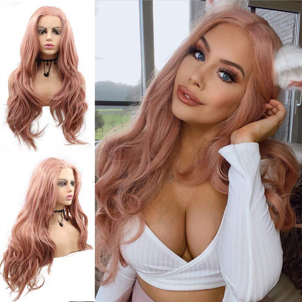 Rose Gold Lace Front Wigs for Women Narural Hairline Synthetic Long Wavy Lace Wigs Middle Part Colorful Glueless Real Hair Wig Heat Resistant Fiber Drag Cosplay Daily Wig 24inches