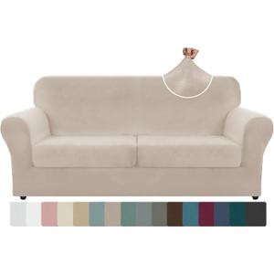 ZNSAYOTX Oversized Velvet 3 Piece Couch Cover with 2 Extra Large Seat Cushion Covers Stretch Sofa Cover for 2 Cushion Couch Thick Loveseat Sofa Slipcover for Living Room (Khaki), 72"-92"(2 Cushions)