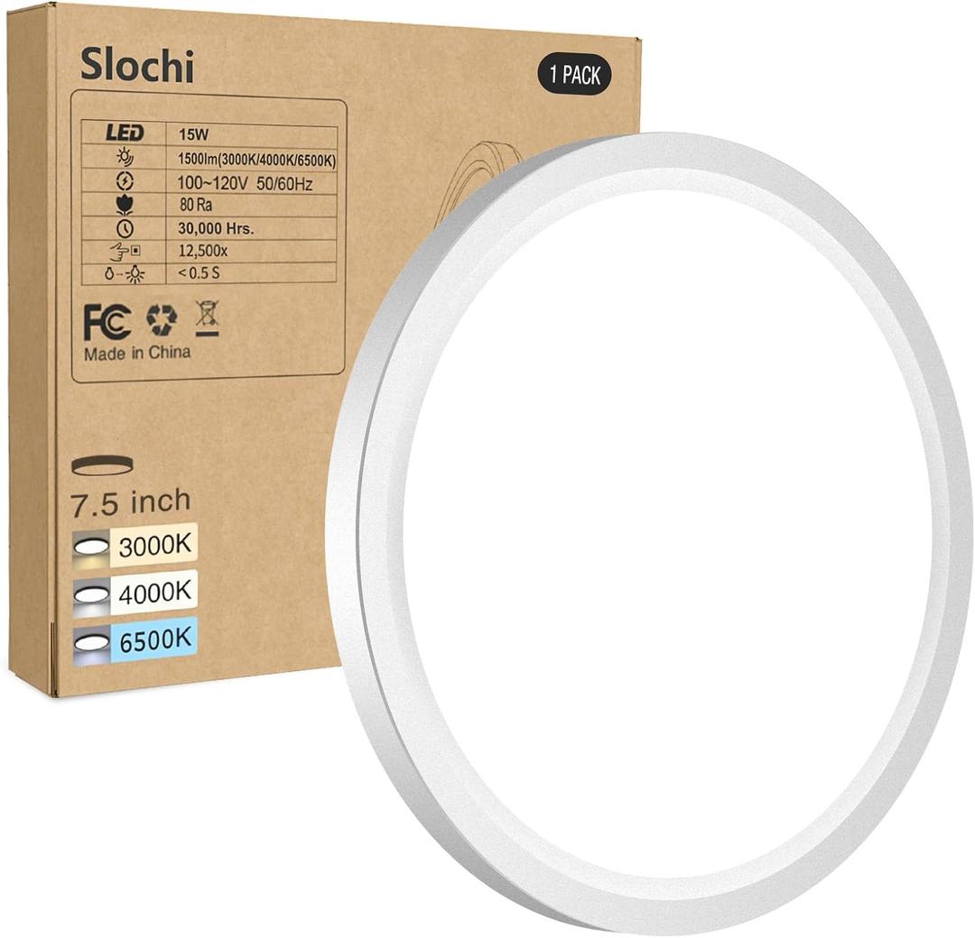 Slochi Flush Mount Ceiling Light Fixtures - 3000K-4000K-6500K & 100W Equivalent Flat Led Lights for Room Ceiling,7.5Inch Ultra Thin Round White Ceiling Lights for Living Room,Bedroom,Kitchen,Bathroom,Hallway