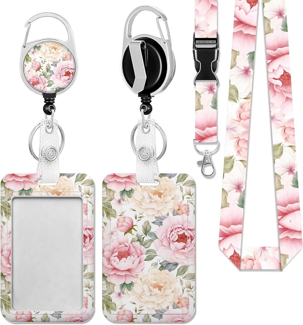 Vintage Beautiful Floral Badge Holder with Detachable Lanyard, ID Card Holder Vertical ID Protector Clips, Fashionable Name Tags Clips with Heavy Duty Badge Reel for Nurse Doctor Office Employees