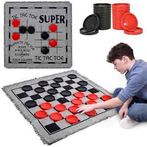 3-in-1 Vintage Giant Checkers Set, Tic Tac Toe with Reversible Mat, 24 Jumbo Chips, Family Board Game, Lawn Game, BBQ Party Favor, Indoor and Outdoor Activity for Kids and Adults