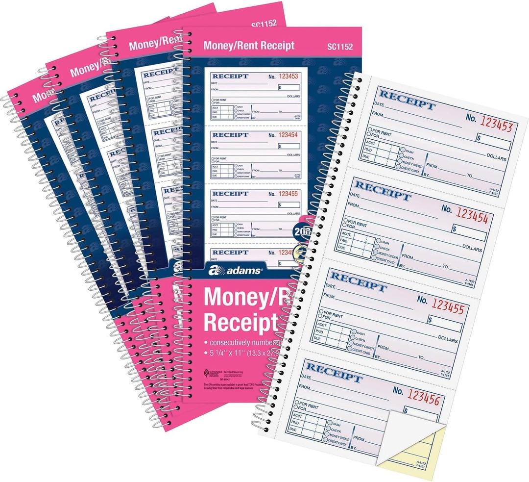 Adams SC1152PK Money Receipt Book,Spiral,2-Part,7-5/8-Inch x11-Inch (Pack of 5)