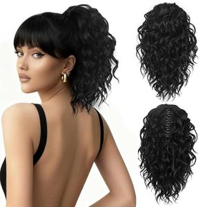 ZQIAN BEAUTY Clip on Ponytails for Women - 12 Inch Curly Black Ponytail Extension, Curly Pony Tails Hair Extensions, Synthetic Hair Extensions Ponytail, Natural Hair Pieces for Women (Color: Black)