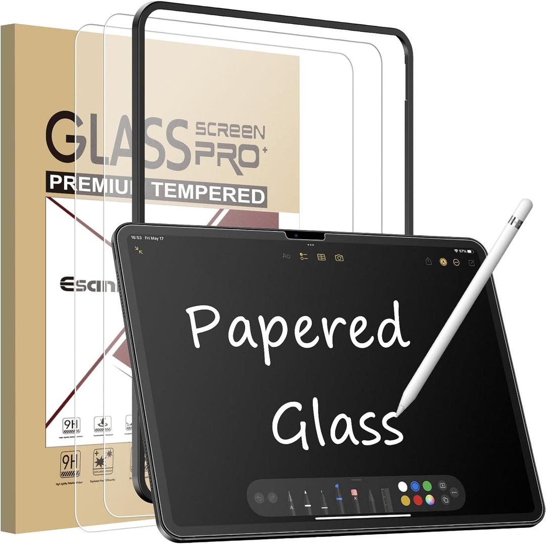 Esanik 2 Pack Like Paper Glass Screen Protector for iPad Air 13 Inch M3/M2 (7th/6th Generation, 2025/2024) 9H Tempered Glass Film with Alignment Frame, Writing Like on Paper, Apple Pencil Compatible