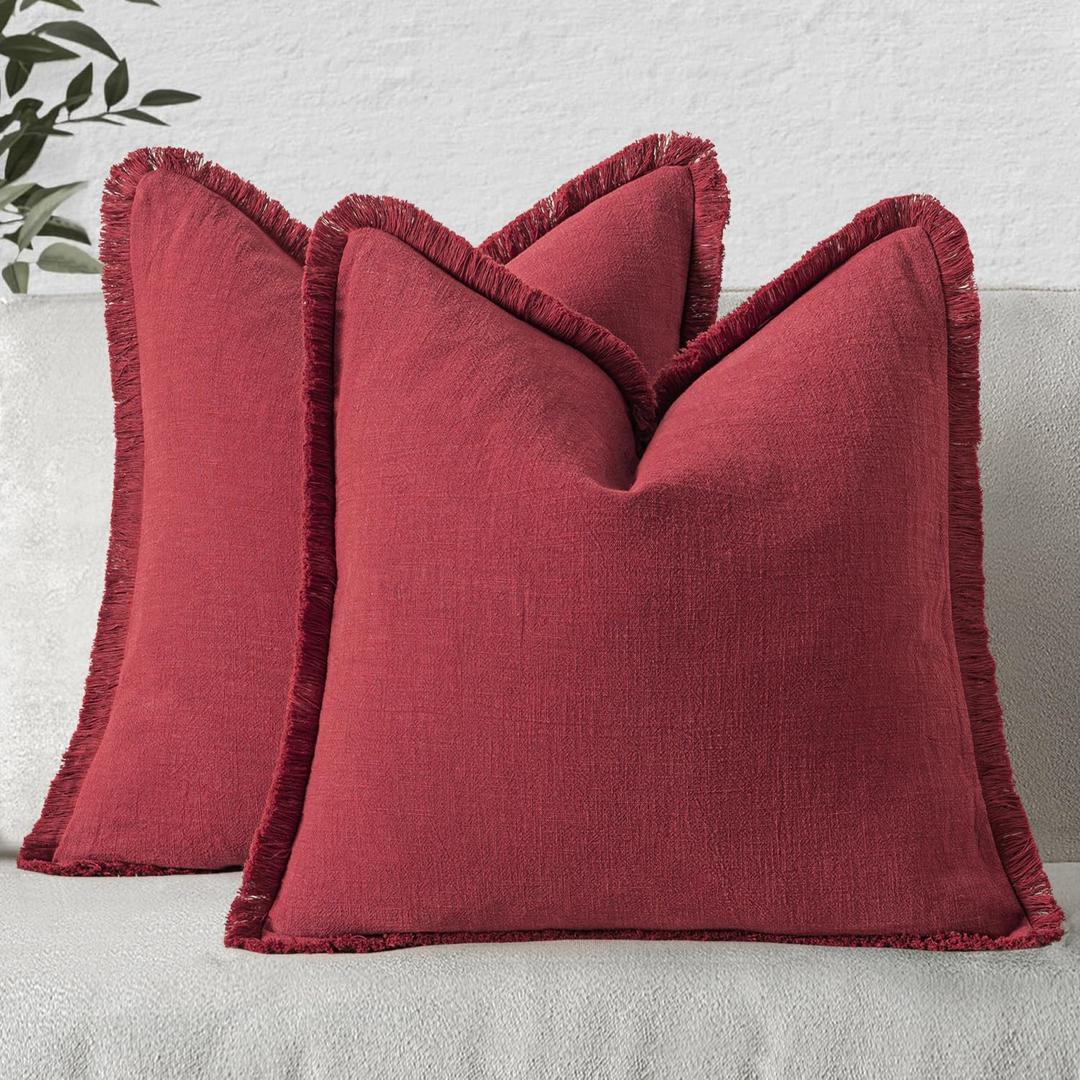 MIULEE Decorative Throw Pillow Covers Neutral Linen Fringe Throw Pillows Set of 2 Burgundy Boho Farmhouse Cushion Covers with Tassels for Couch Sofa Bed Living Room Spring Home Decor 18x18 Inch