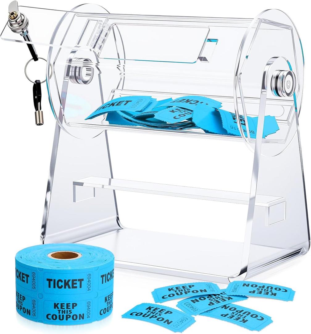 Didaey Small Clear Acrylic Raffle Drum with 1000 Tickets, Compact Tabletop Ticket Spinner Box for Business Card Vendor Booths Retail Store Office Giveaways (6.7x3.9 x 7.1 Inch, Blue)
