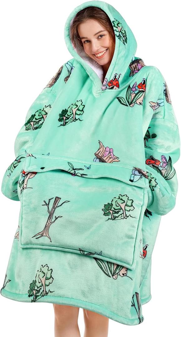Narecte Cozy Oversized Blanket Hoodie Wearable Blanket Adults Soft Hooded Blanket Hoodie Birthday Gifts for Women Christmas (Plants)